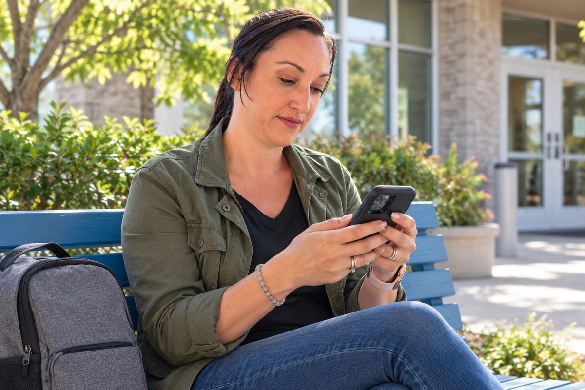 A woman checks a black phone with both hands while sitting on a bench outside a public building.