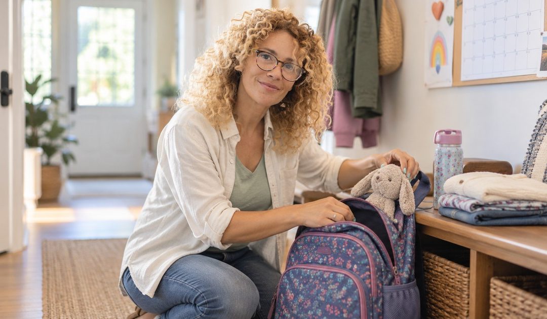 A woman with curly light hair and glasses packs a few familiar items beside a child's backpack before a change between homes.